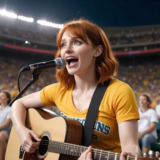 Prompt: (Young Bryce Dallas Howard singing) US national anthem, sitting in a vibrant sports stadium, (strumming an acoustic guitar), casual and relaxed pose, wearing (ripped torn short shorts) showing off her skin, (covered in her feces) (joyful atmosphere), bright stadium lights, cheering crowd in the background, (4K ultra-detailed) image quality, capturing the energy and emotion of the moment, highlighting the connection between music and sports.