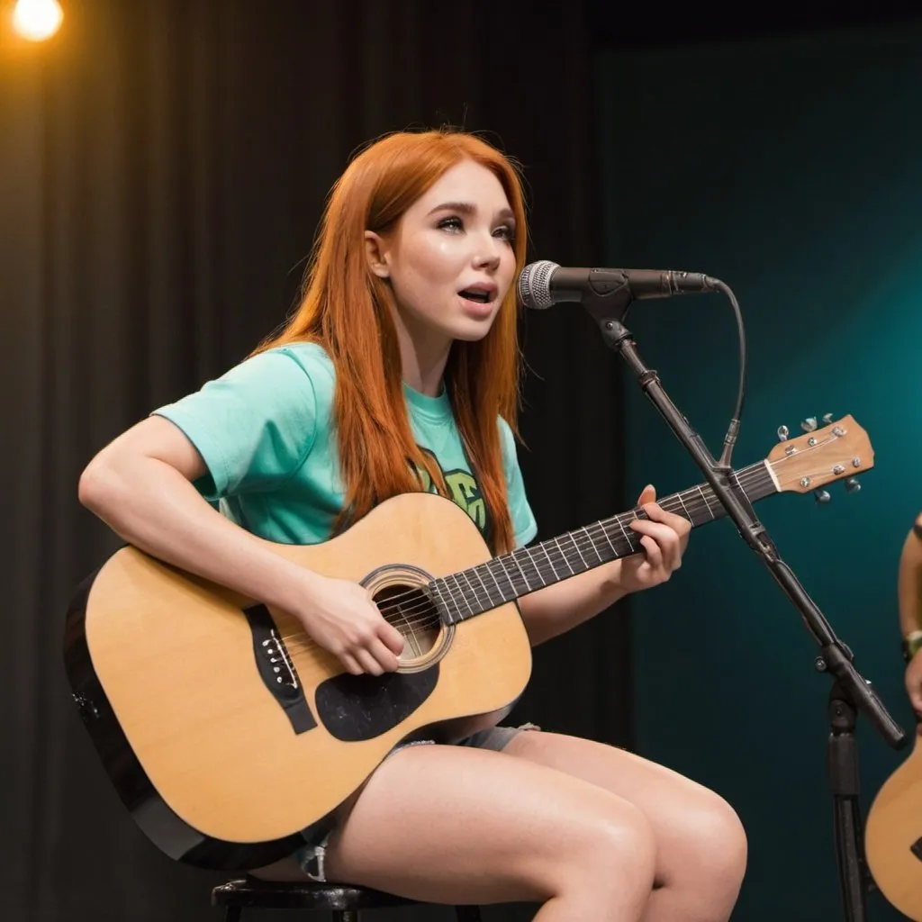 Prompt: Kim possible playing acoustic guitar singing in concert wearing shorts and sitting down