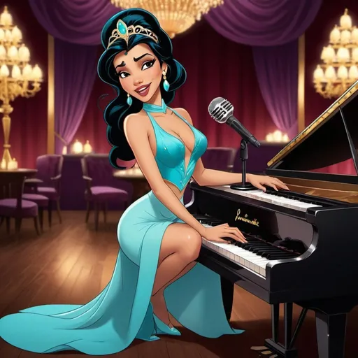 Prompt: Princesss Jasmine singing as a lounge singer with a slit on dress laying down on piano