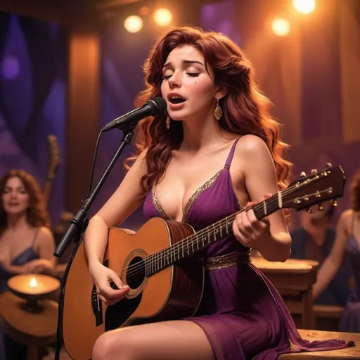 Prompt: (Megara),  singing a ballad in a concert, emotional performance, acoustic guitar, sitting down, wearing revealing slit to the thigh dress (showing off her legs), (tears coming out of her eyes), vibrant colors, warm lighting, (dreamy atmosphere), stage backdrop, cheerful audience, soft focus, detailed facial expression, enchanting surroundings, intense gaze, HD, (whimsical, emotional,vibe).