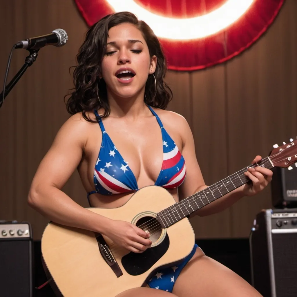 Prompt: America Chavez singing in concert sitting down strumming her acoustic guitar wearing revealing swimsuit  showing off her legs.