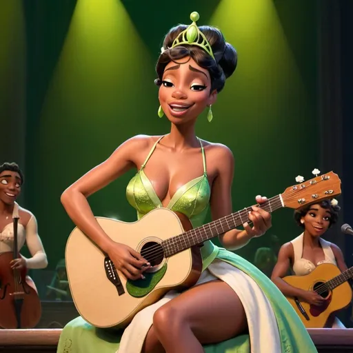 Prompt: Tiana from The Princess and the Frog sitting down singing playing acoustic guitar in concert wearing very skimpy and revealing outfit