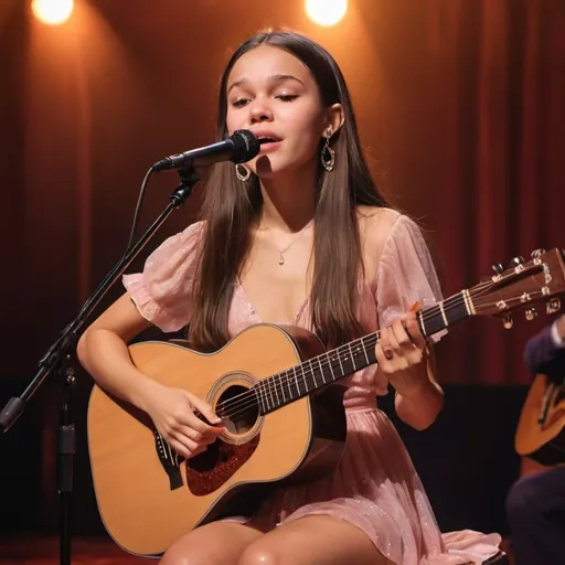 Prompt: (Olivia Rodrigo),  singing a ballad in a concert, emotional performance, holding an acoustic guitar, sitting down, wearing revealing slit to the thigh dress (showing off her legs), (tears coming out of her eyes), vibrant colors, warm lighting, (dreamy atmosphere), stage backdrop, cheerful audience, soft focus, detailed facial expression, enchanting surroundings, intense gaze, HD, (whimsical, emotional,vibe).