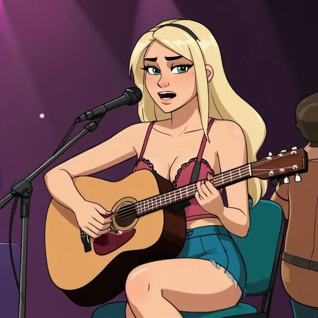 Prompt: Bridgette from Total Drama with blonde hair sitting down singing playing acoustic guitar in concert wearing very skimpy and revealing outfit