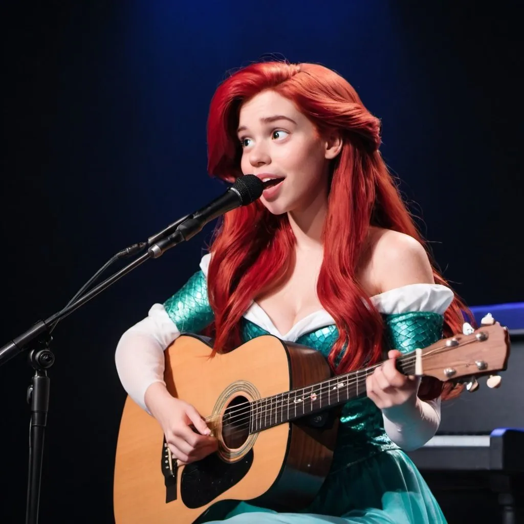 Prompt: Ariel from the little mermaid singing in concert with acoustic guitar sitting down 