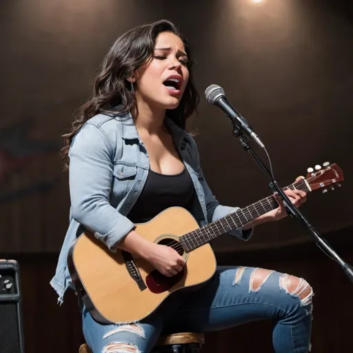 Prompt: America Chavez singing in concert sitting down strumming her acoustic guitar wearing ripped torn jeans showing off her legs.