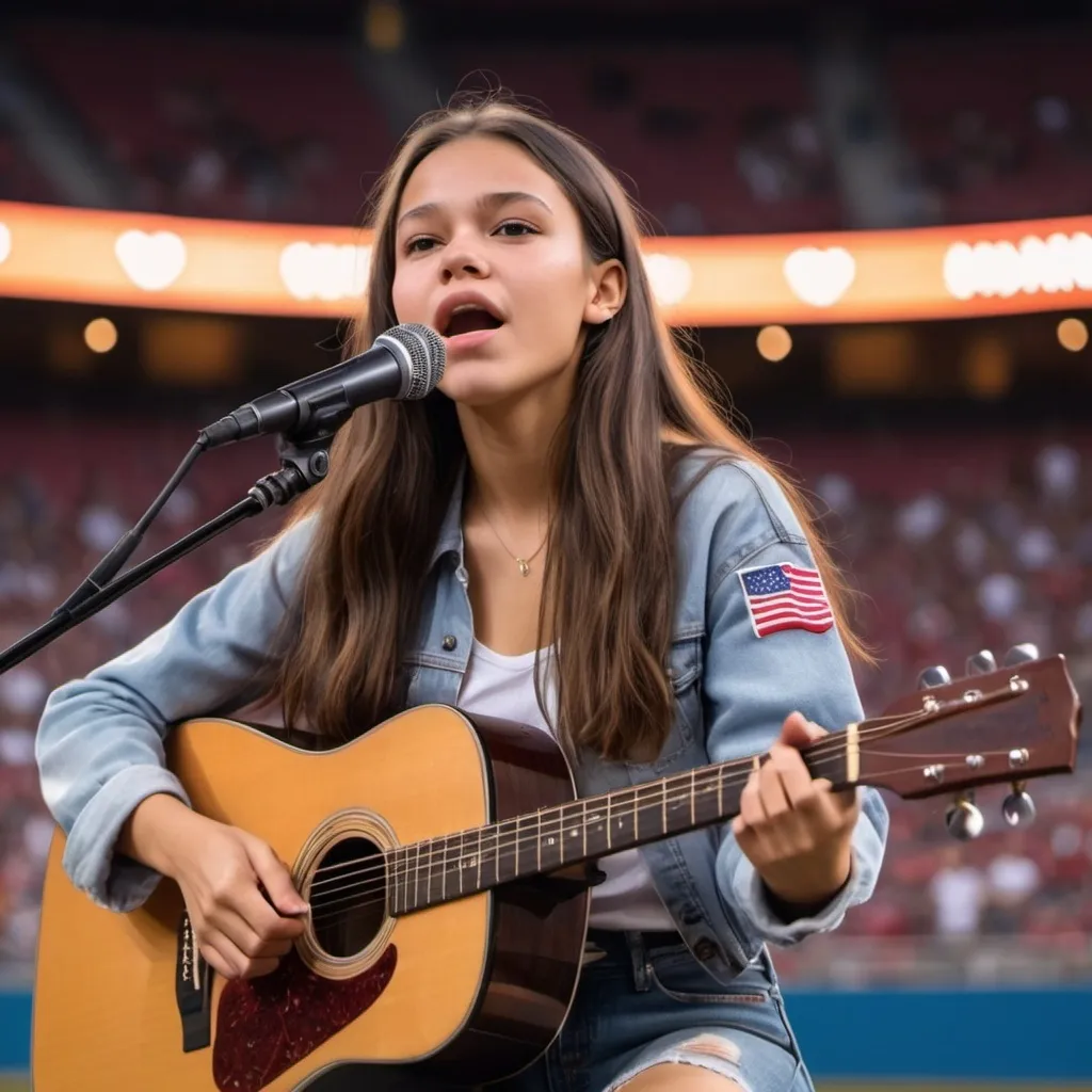 Prompt: Olivia Rodrigo singing US national anthem at sport's stadium sitting down strumming an acoustic guitar and wearing ripped torn jeans showing off her skin. Olivia Rodigo is sitting down and strumming her acoustic guitar.