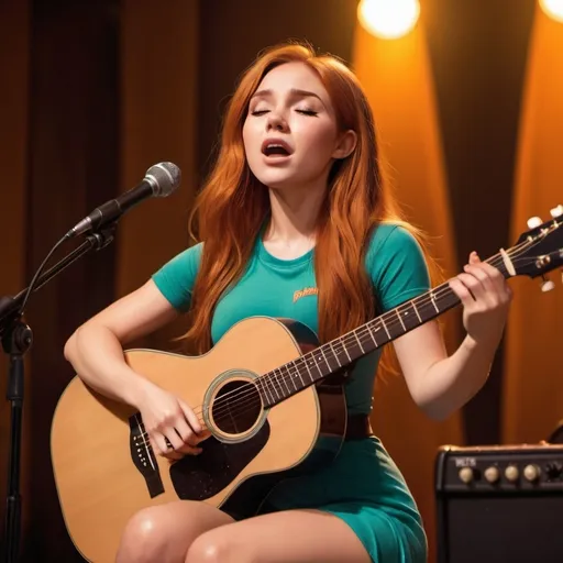 Prompt: (Kim Possible), singing a ballad in a concert, emotional performance, holding an acoustic guitar, sitting down, wearing revealing slit to the thigh dress (showing off her legs), (tears coming out of her eyes), vibrant colors, warm lighting, (dreamy atmosphere), stage backdrop, cheerful audience, soft focus, detailed facial expression, enchanting surroundings, intense gaze, HD, (whimsical, emotional,vibe).