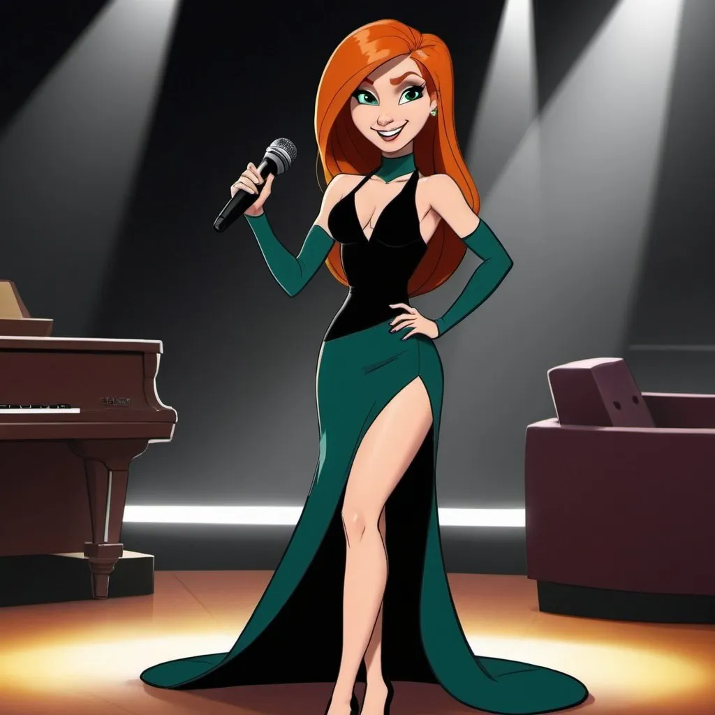 Prompt: Kim possible as a lounge singer with slit on dress