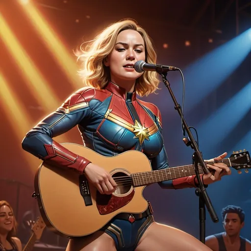 Prompt: Captain Marvel singing in concert wearing revealing skimpy speedo sitting down and strumming her acoustic guitar showing off her legs she is sitting down.