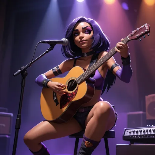 Prompt: Raven from Teen Titans singing in concert sitting down strumming her acoustic guitar wearing very tiny short shorts and showing off her legs she is sitting down.