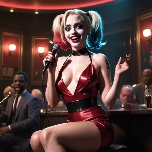 Prompt: Harley Quinn singing in a jazz club as a lounge singer while wearing a revealing slit to the thigh and waist dress sitting down and showing off her legs. she is sitting down.