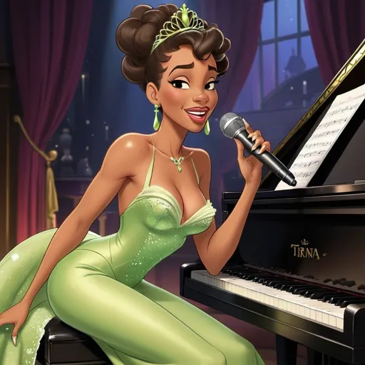 Prompt: Princess Tiana as a lounge singer with slit on dress singing in club laying on piano.