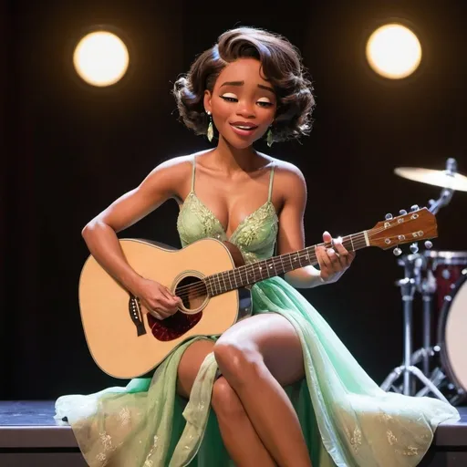 Prompt: Tiana singing in concert strumming her acoustic guitar wearing a slit to the thigh and waist dress and sitting down.