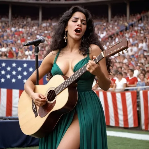 Prompt: Esmeralda wearing a revealing high slit to the waist dress sings The Star Spangled Banner at a sport's game while playing acoustic guitar with microphone.