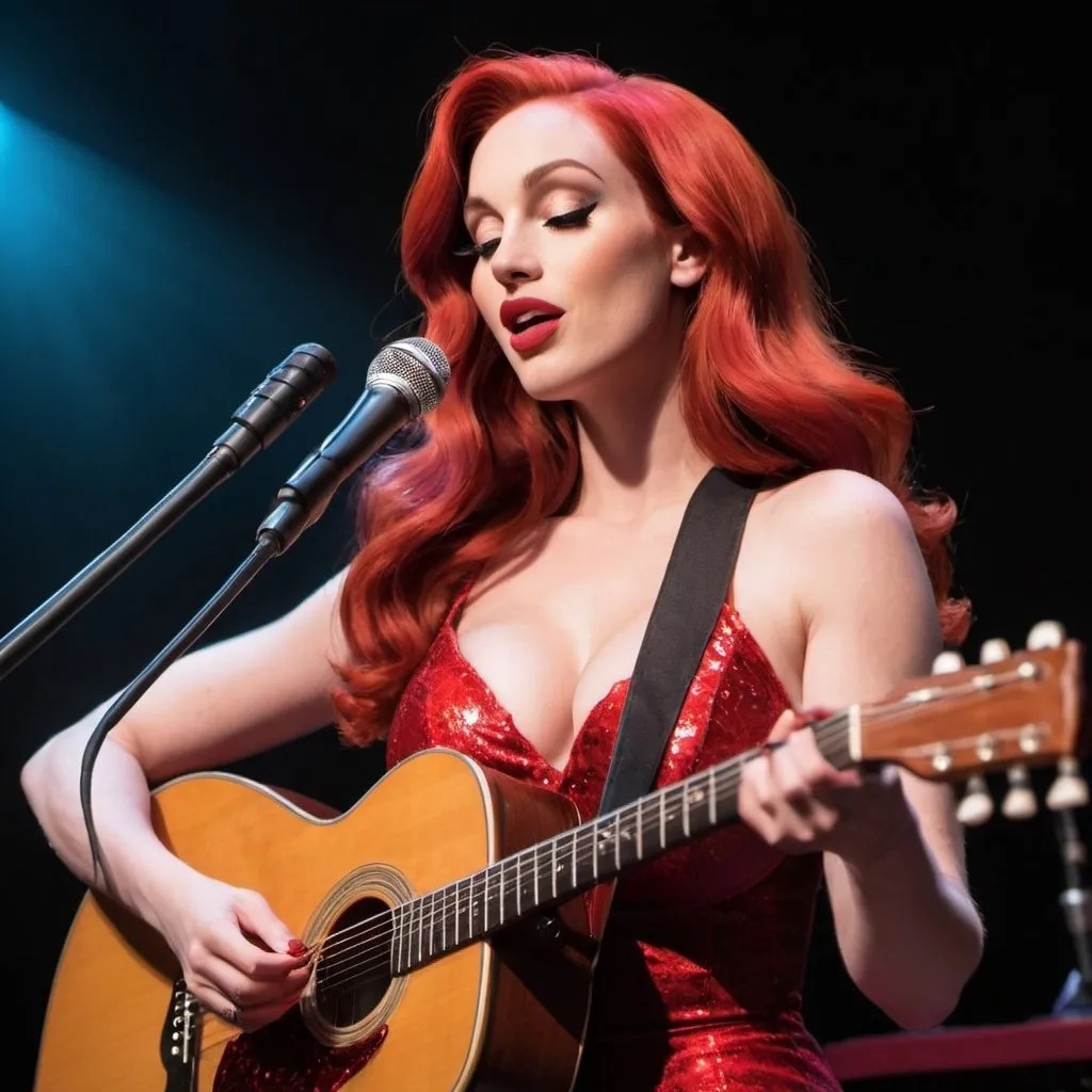 Prompt: Jessica Rabbit singing and playing acoustic guitar in concert