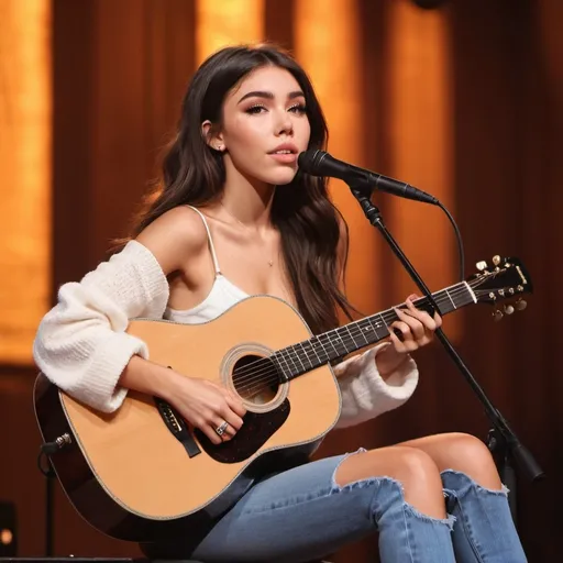 Prompt: (Madison Beer), emotional performance, acoustic guitar, sitting down, (showing off her legs), vibrant colors, warm lighting, (dreamy atmosphere), stage backdrop, cheerful audience, soft focus, detailed facial expression, enchanting surroundings, intense gaze, HD, (whimsical, joyful vibe).