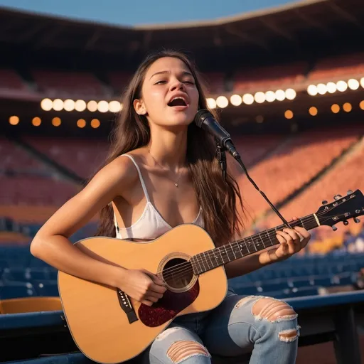 Prompt: Oliva Rodrigo singing US national anthem at sport's stadium sitting down strumming an acoustic guitar and wearing ripped torn jeans showing off her skin. Olivia Rodigo is sitting down and strumming her acoustic guitar.