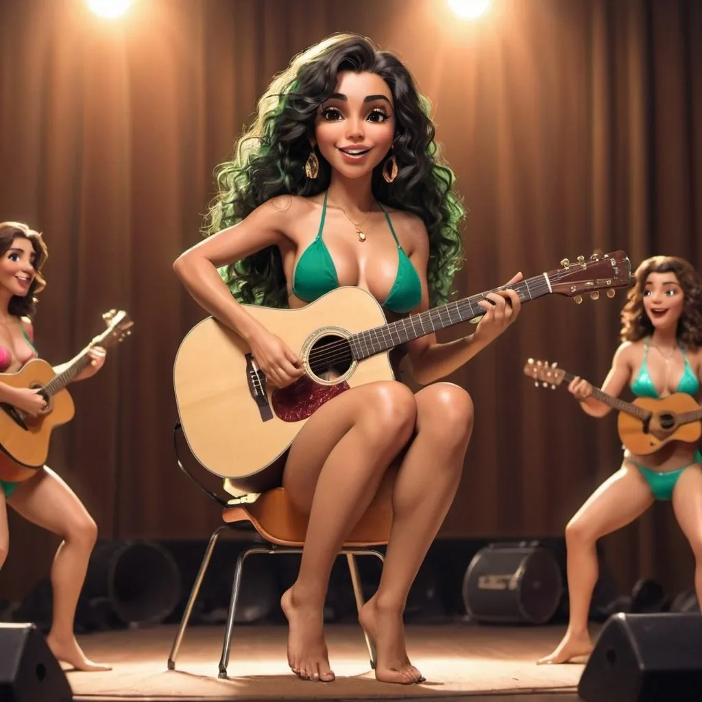 Prompt: Esmeralda sitting down singing in huge concert strumming her acoustic guitar and wearing extremely skimpy bathing suit and showing off her legs.