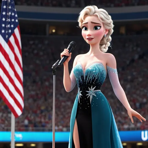 Prompt: Elsa wearing a high slit to the waist dress  while singing the US national anthem at a sports game.