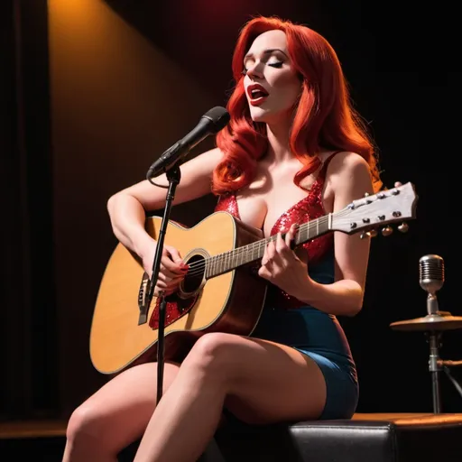 Prompt: Jessica Rabbit singing playing acoustic guitar in concert sitting down crossing legs closing eyes.