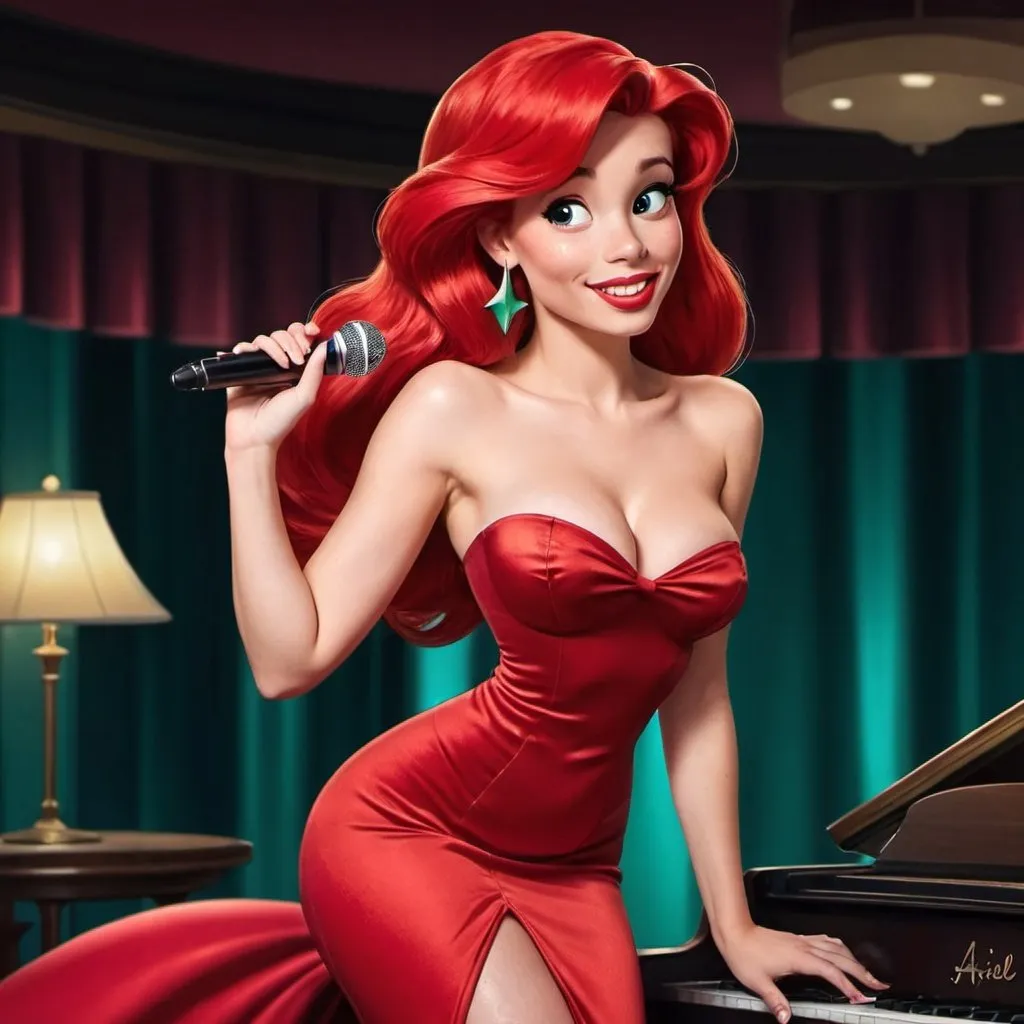 Prompt: Ariel from the Little Mermaid as a lounge singer with slit on dress