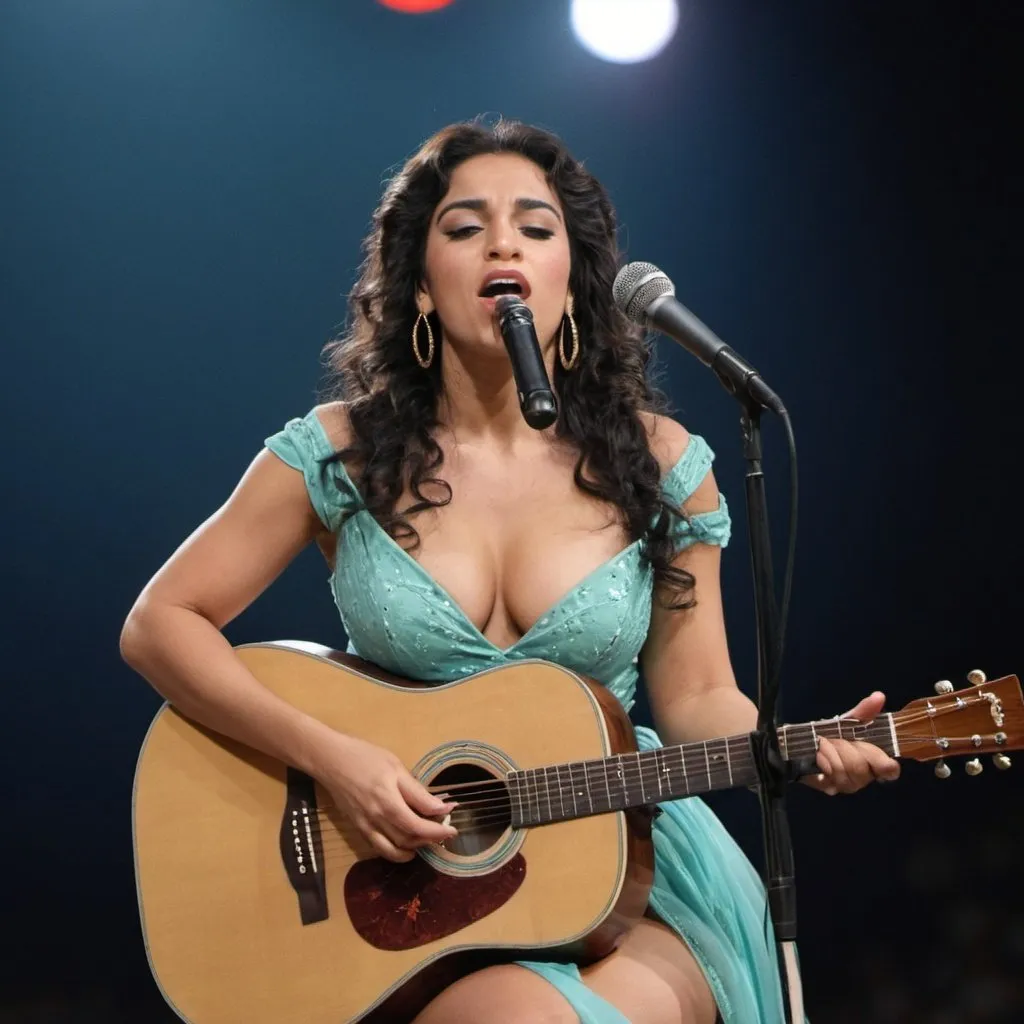 Prompt: Esmeralda wearing a revealing high slit to the waist dress sings The Star Spangled Banner at a sport's game while playing acoustic guitar with microphone, sitting down.