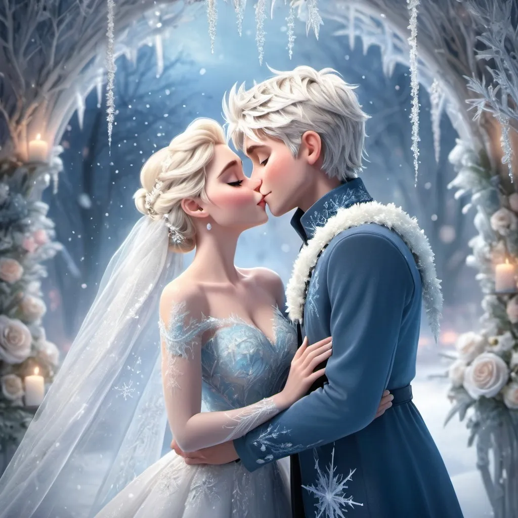 Prompt: (Elsa and Jack Frost sharing a kiss on their wedding day), magical and enchanting atmosphere, surrounded by a winter wonderland, sparkling snowflakes falling gently, (soft pastel colors) illuminating the scene, romantic lighting creating an ethereal glow, intricately designed wedding attire, delicate floral arrangements, high quality, (ultra-detailed), capturing the joy of their special moment together.