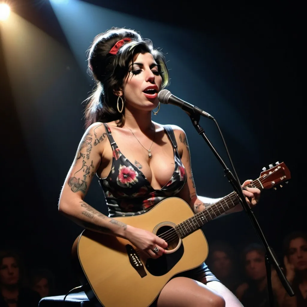 Prompt: Amy Winehouse singing in concert sitting down strumming her acoustic guitar while wearing skimpy leotard showing off her legs.