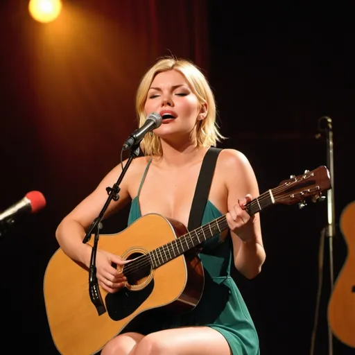 Prompt: (Elisha Cuthbert), singing a ballad in a concert, emotional performance, holding an acoustic guitar, sitting down, wearing revealing slit to the thigh dress (showing off her legs), (tears coming out of her eyes), vibrant colors, warm lighting, (dreamy atmosphere), stage backdrop, cheerful audience, soft focus, detailed facial expression, enchanting surroundings, intense gaze, HD, (whimsical, emotional,vibe). 