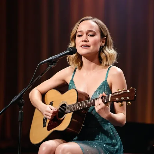 Prompt: (Brie Larson),  singing a ballad in a concert, emotional performance, holding an acoustic guitar, sitting down, wearing revealing slit to the thigh dress (showing off her legs), (tears coming out of her eyes), vibrant colors, warm lighting, (dreamy atmosphere), stage backdrop, cheerful audience, soft focus, detailed facial expression, enchanting surroundings, intense gaze, HD, (whimsical, emotional,vibe).