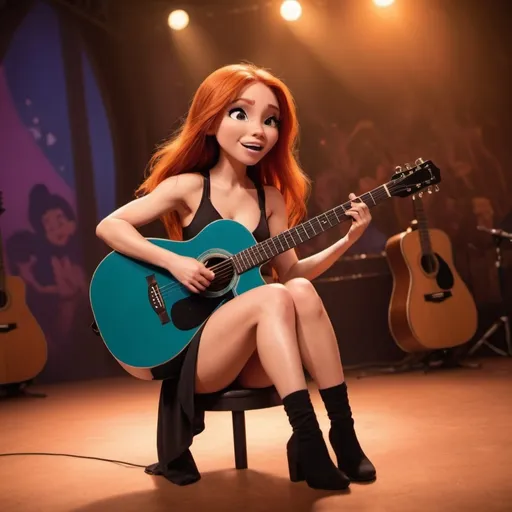 Prompt: (Kim Possible), singing a ballad in a concert, emotional performance, holding an acoustic guitar, sitting down, wearing revealing slit to the thigh dress (showing off her legs), (tears coming out of her eyes), vibrant colors, warm lighting, (dreamy atmosphere), stage backdrop, cheerful audience, soft focus, detailed facial expression, enchanting surroundings, intense gaze, HD, (whimsical, emotional,vibe).