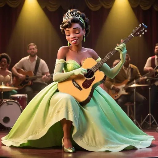 Prompt: Princess Tiana singing in a club with a slit on dress playing guitar sitting closing eyes.