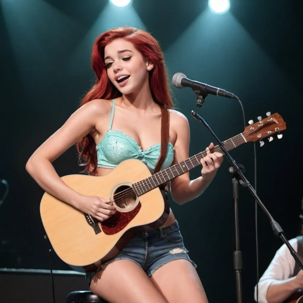 Prompt: Ariel sitting down singing in concert as a country singer wearring a very skimpy outfit with short short shorts and strumming her acoustic guitar.