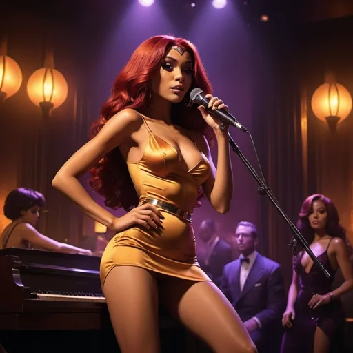 Prompt: Starfire from Teen Titans singing in a jazz club as a lounge singer while wearing a revealing slit to the thigh and waist dress sitting down and showing off her legs.