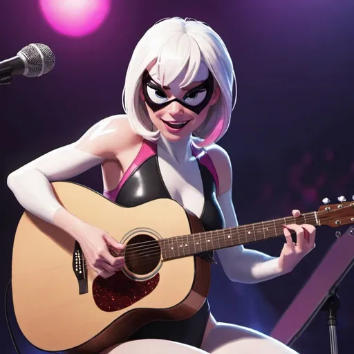 Prompt: Spider Gwen wearing swimsuit singing sitting down in concert playing acoustic guitar as she sings her heart out.