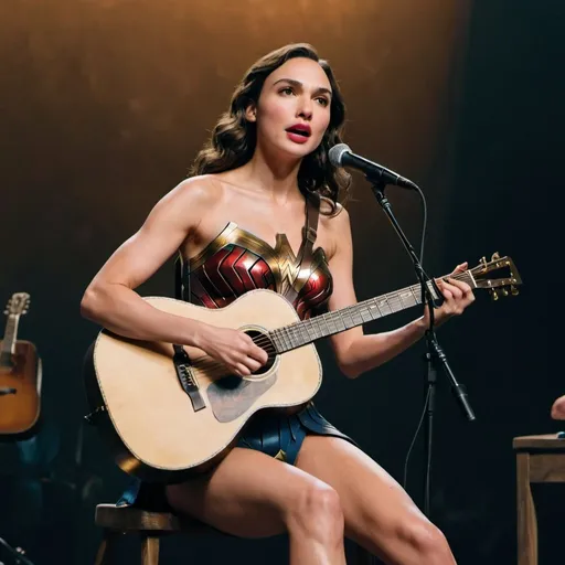 Prompt: Gal Gadot as Wonder Woman sitting down singing in concert playing acoustic guitar showing off her legs.