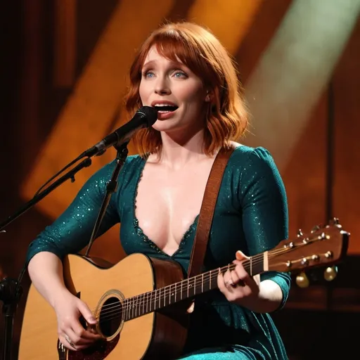 Prompt: (Bryce Dallas Howard), singing a ballad in a concert, emotional performance, holding an acoustic guitar, sitting down, wearing revealing slit to the thigh dress (showing off her legs), (tears coming out of her eyes), vibrant colors, warm lighting, (dreamy atmosphere), stage backdrop, cheerful audience, soft focus, detailed facial expression, enchanting surroundings, intense gaze, HD, (whimsical, emotional,vibe). 