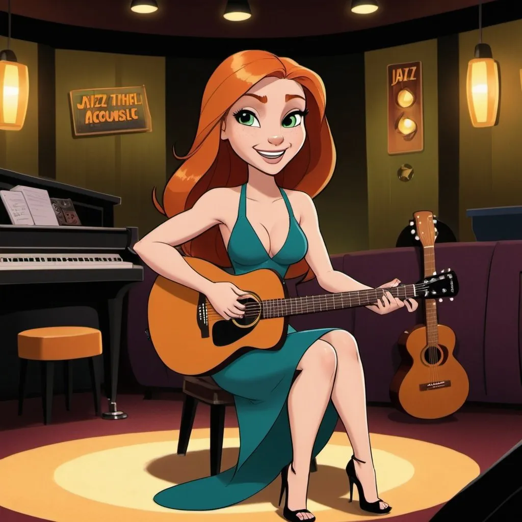 Prompt: Kim Possible singing as a lounge singer in a jazz club wearing a slit to the thigh dress sitting down and strumming her acoustic guitar and crossing her legs.