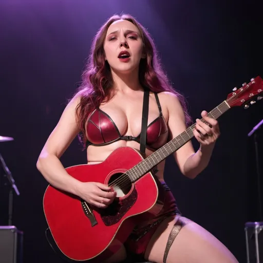 Prompt: Scarlet Witch sitting down singing playing acoustic guitar in concert wearing very skimpy and revealing outfit