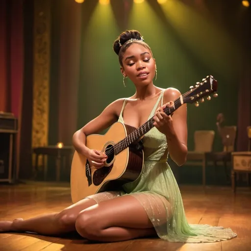 Prompt: (Tiana), emotional performance, acoustic guitar, sitting down, wearing revealing slit to the thigh dress (showing off her legs), (tears coming out of her eyes), vibrant colors, warm lighting, (dreamy atmosphere), stage backdrop, cheerful audience, soft focus, detailed facial expression, enchanting surroundings, intense gaze, HD, (whimsical, emotional,vibe).