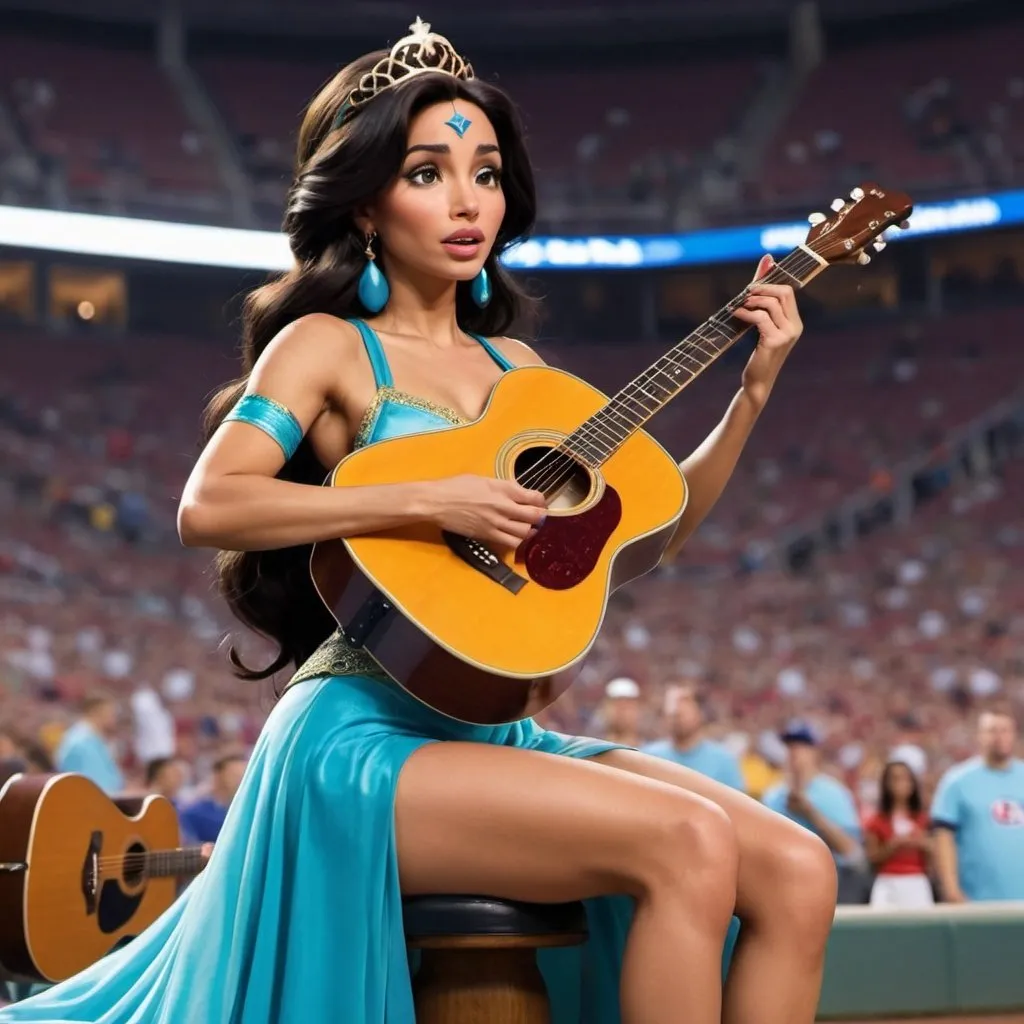 Prompt: Princess Jasmine wearing a high slit to the waist dress while singing the US national anthem at a sports game while sitting down and playing her acoustic guitar.