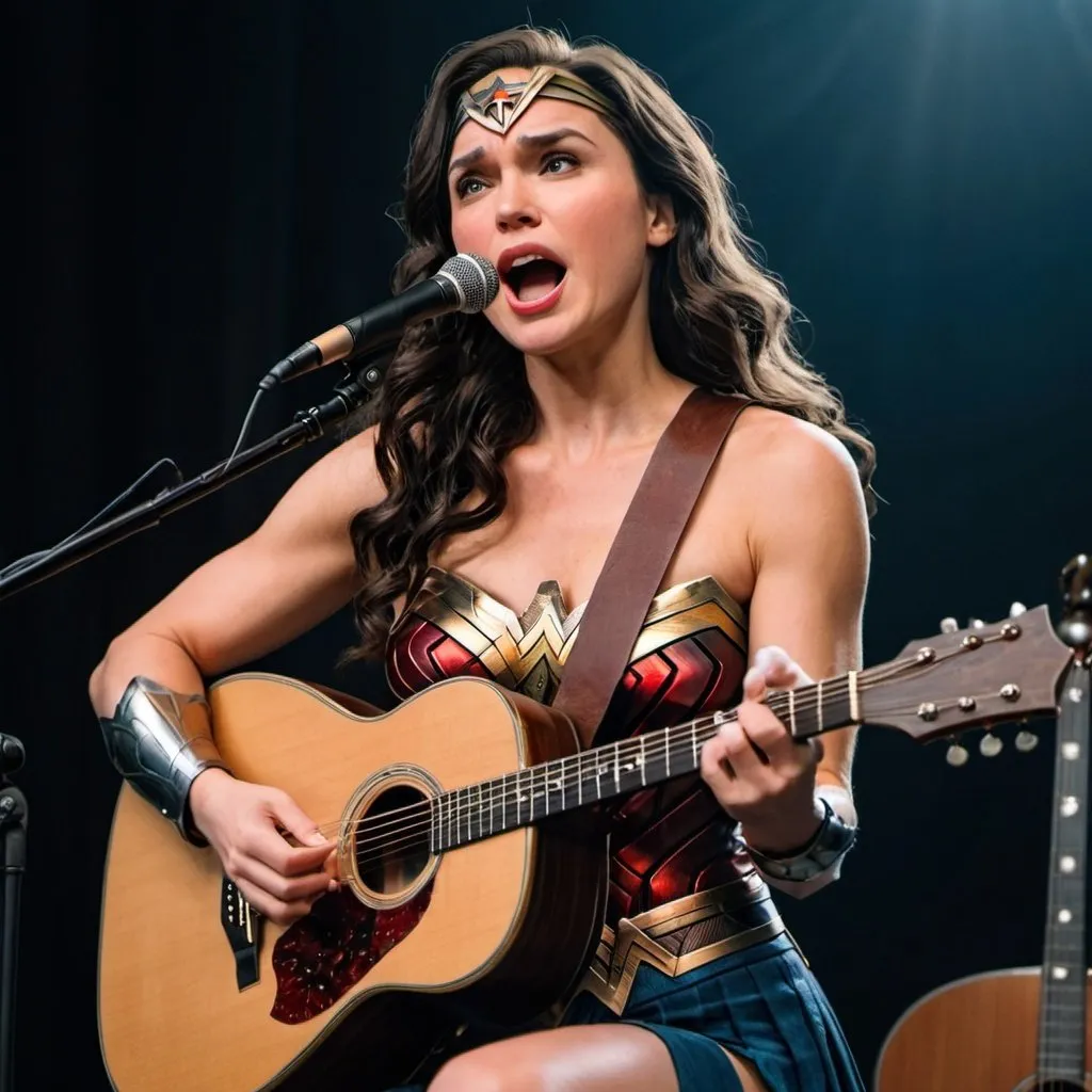 Prompt: Wonder Woman singing sitting down in concert playing acoustic guitar as she sings her heart out.