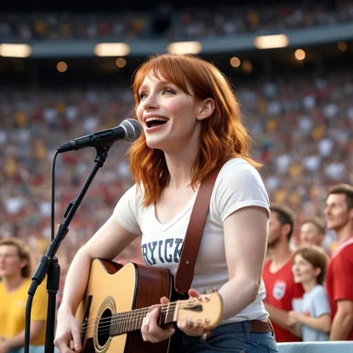 Prompt: (Young Bryce Dallas Howard singing) US national anthem, sitting in a vibrant sports stadium, (strumming an acoustic guitar), casual and relaxed pose, wearing (ripped torn short shorts) showing off her skin, (joyful atmosphere), bright stadium lights, cheering crowd in the background, (4K ultra-detailed) image quality, capturing the energy and emotion of the moment, highlighting the connection between music and sports.