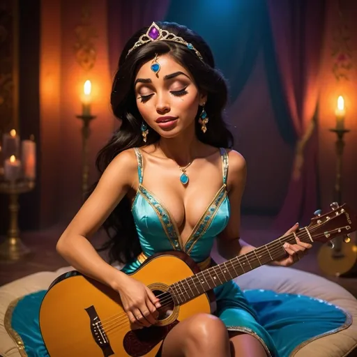 Prompt: (Princess Jasmine), singing a ballad in a concert, emotional performance, holding an acoustic guitar, sitting down, wearing revealing slit to the thigh dress (showing off her legs), (tears coming out of her eyes), vibrant colors, warm lighting, (dreamy atmosphere), stage backdrop, cheerful audience, soft focus, detailed facial expression, enchanting surroundings, intense gaze, HD, (whimsical, emotional,vibe).