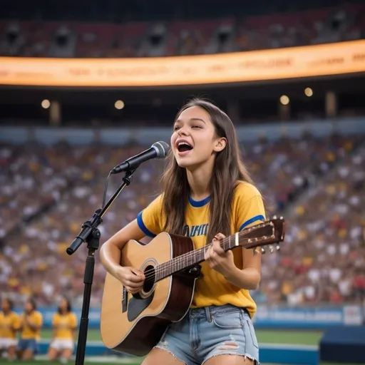 Prompt: (Olivia Rodrigo singing) US national anthem, sitting in a vibrant sports stadium, (strumming an acoustic guitar), casual and relaxed pose, wearing (ripped torn short shorts) showing off her skin, (joyful atmosphere), bright stadium lights, cheering crowd in the background, (4K ultra-detailed) image quality, capturing the energy and emotion of the moment, highlighting the connection between music and sports.