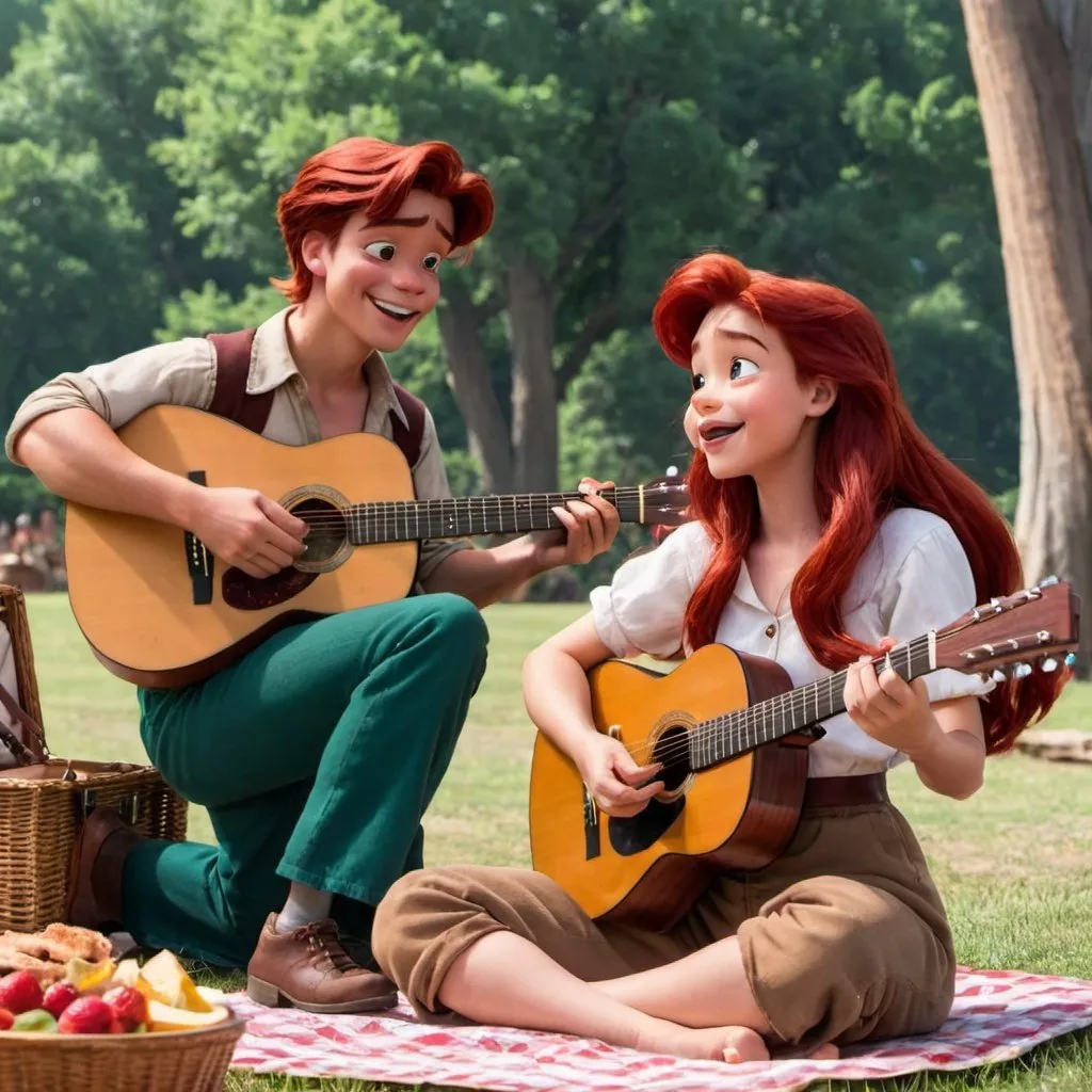 Prompt: Ariel playing guitar and singing to Jim Hawkins at a picnic.