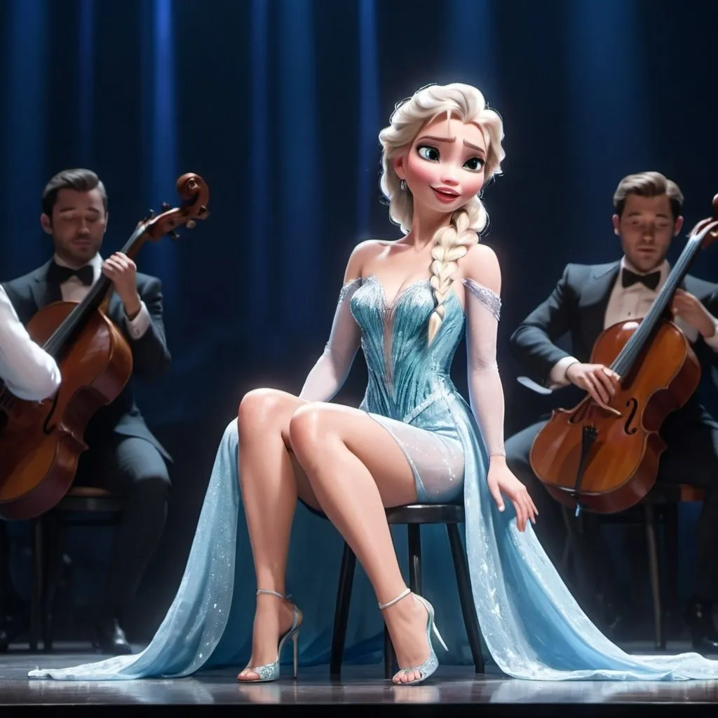 Prompt: Elsa sitting down singing in huge concert and wearing extremely reveaing slit to the thigh and waist dress and showing off her legs.