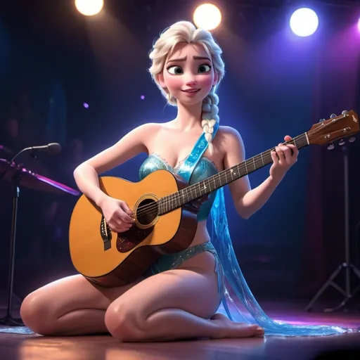 Prompt: (Elsa from Frozen) singing in concert, (reveal with dim spotlight), wearing a skimpy speedo, sitting down, strumming an acoustic guitar, showcasing her elegant legs, vibrant background with colorful spotlights, (dynamic atmosphere), expressive facial features, emotional performance, (highly detailed, 4K).