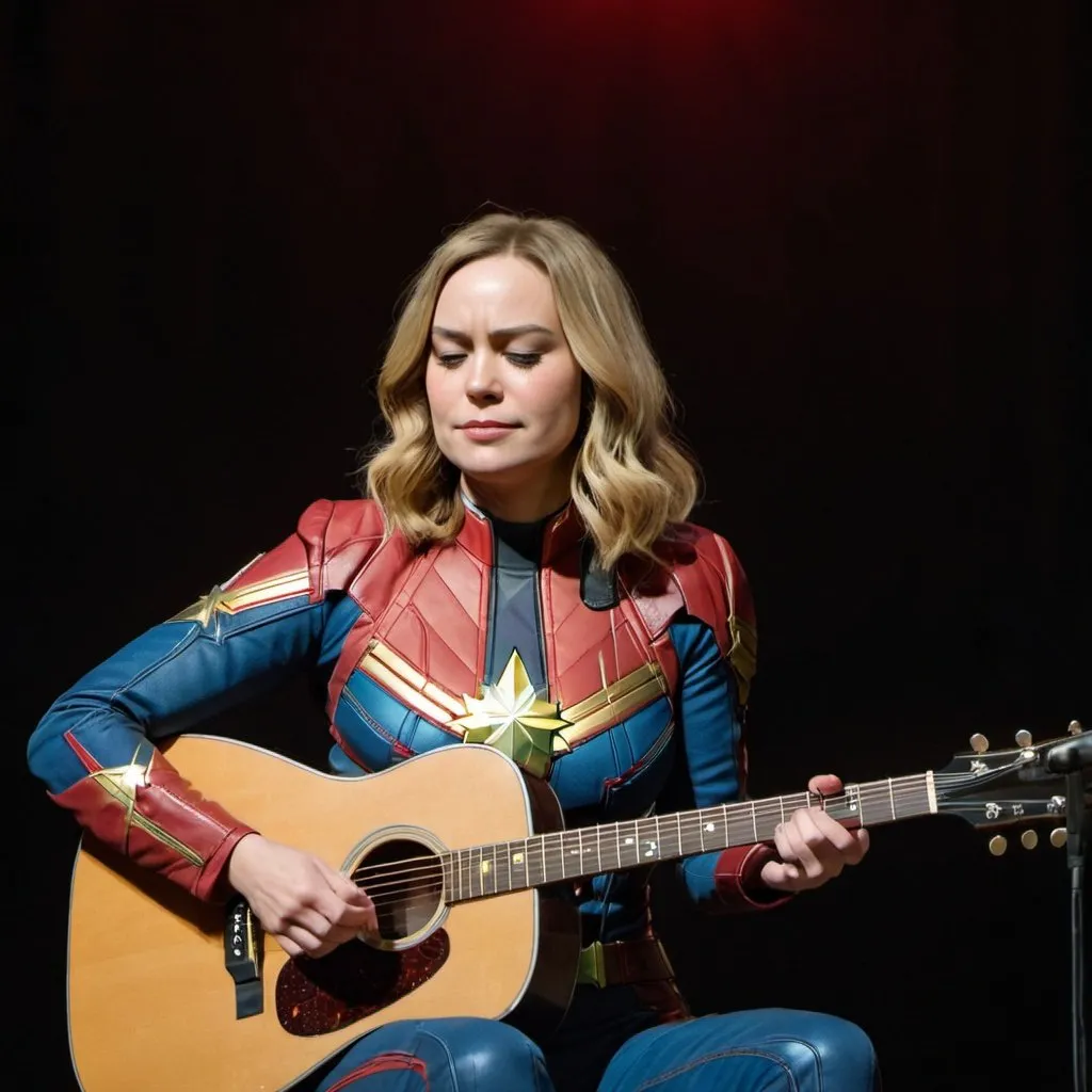 Prompt: Captain Marvel sitting down singing playing acoustic guitar in concert